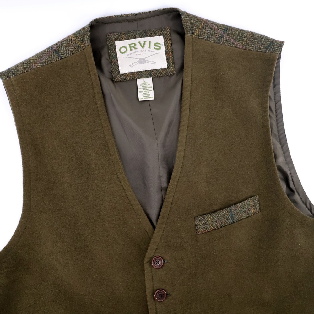 Vintage Orvis Moleskin Wool Tweed Plaid Waistcoat Vest Green Mens Large